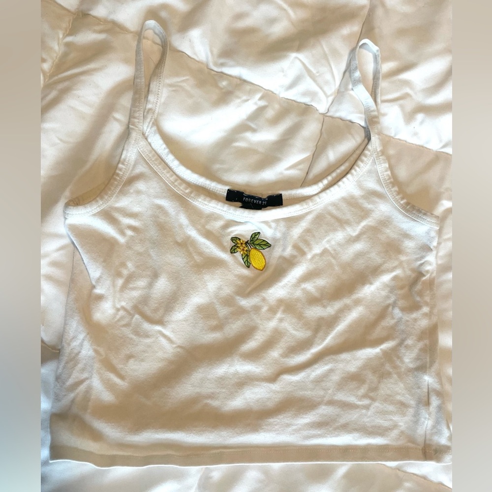 White tank top with embroidered lemon design